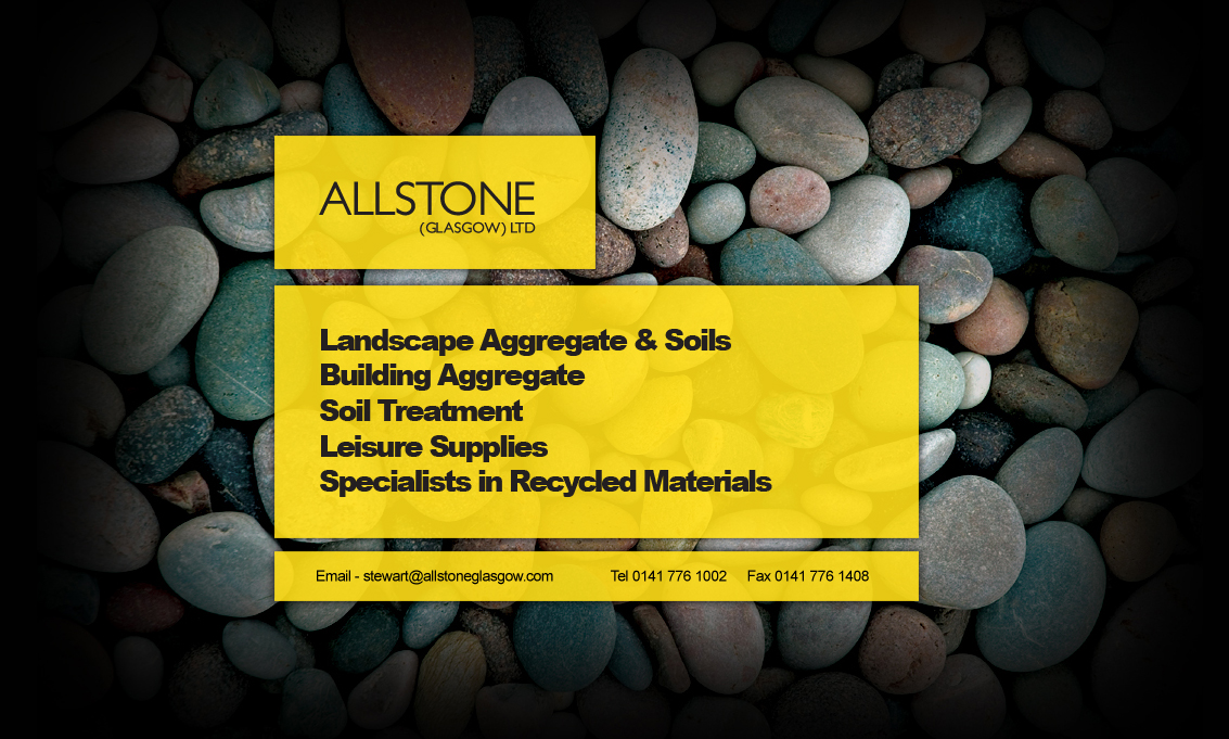 Allstone (Glasgow) Ltd - Landscape / Building Aggregate and Soils and Soil Treatments. Specialists in Recycled Materials and supplying the Leisure industry e.g. Equestrian Centres, Childrens Play Areas, Turf Pitches and other surfaces